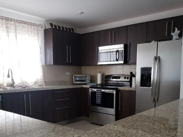 The apartment’s kitchen with dark cabinets, an oven, a microwave and a stainless-steel refrigerator